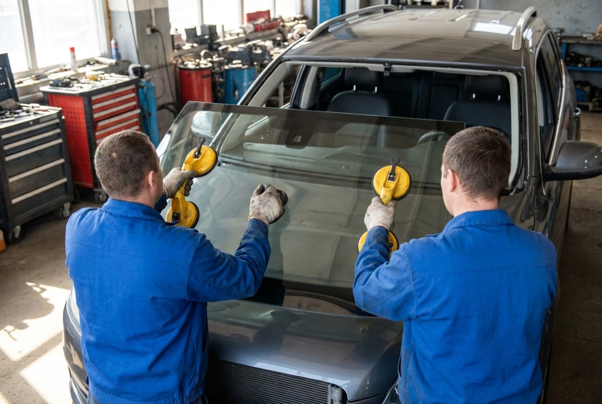 Illustration of two technicians using suction cups to lift a new windshield toward a vehicle